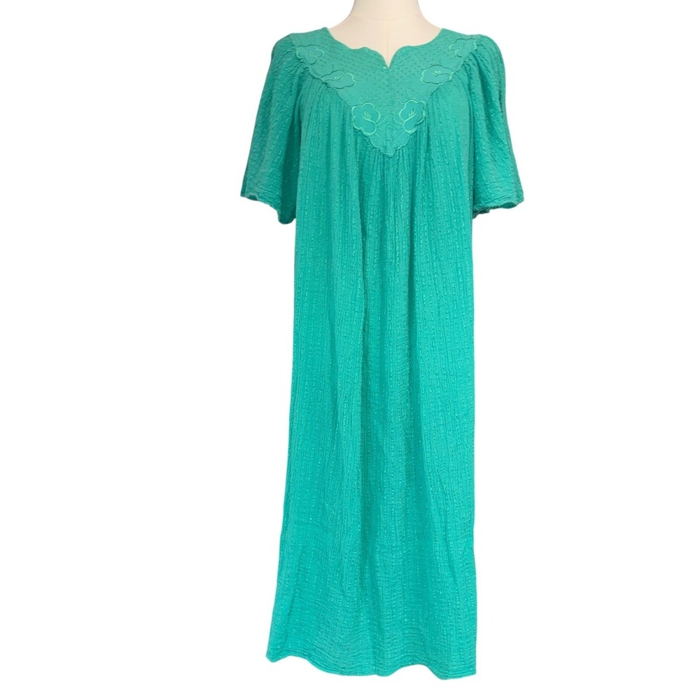 VTG 70s Cotton Gauze Dress Emerald Green Boho Festival Angel Sleeve Amerikan S M